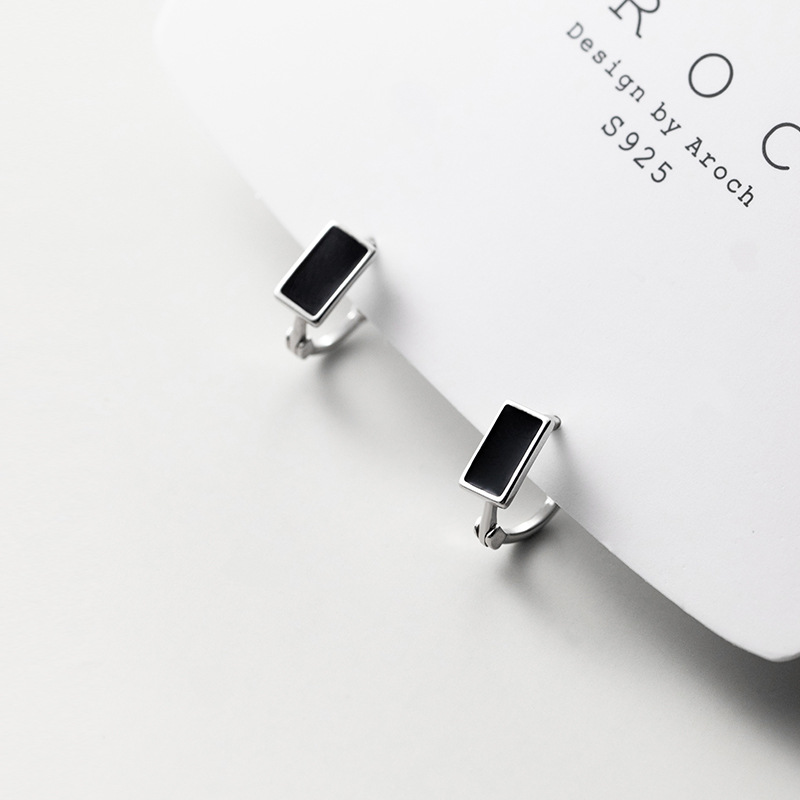 Eloch s925 plata temperamento negro perfiles de aretes de goma geometría cuadrada simple aretes de goteo coreanos G8847