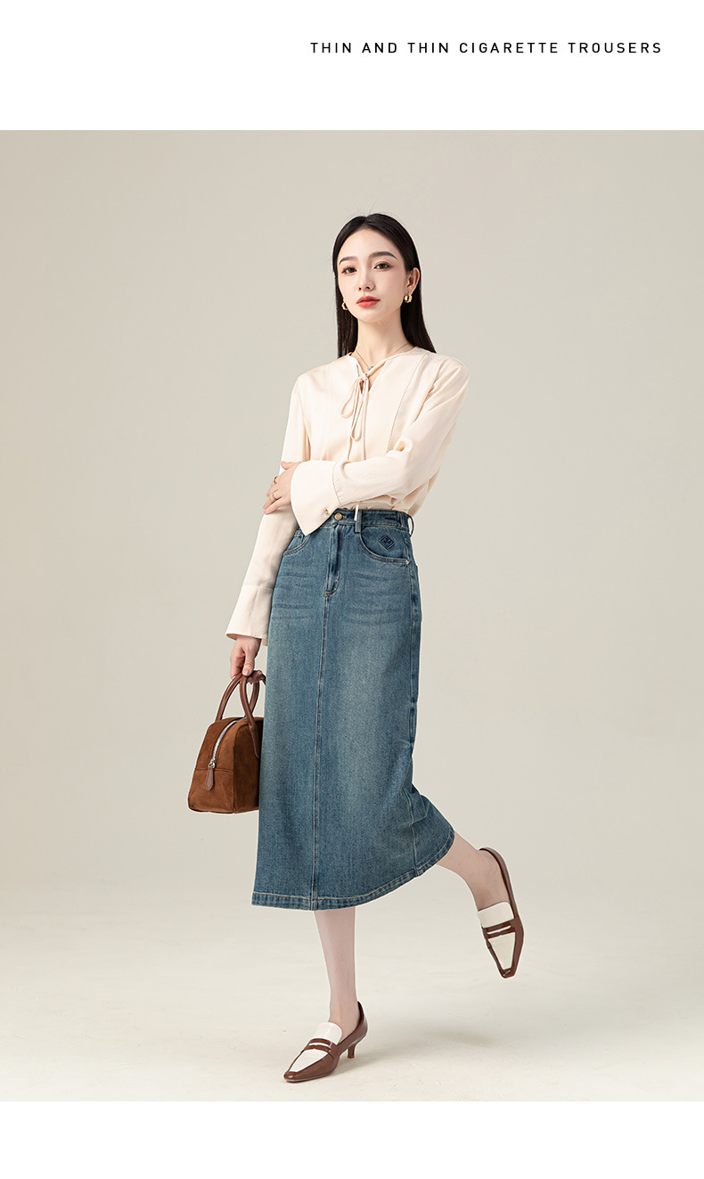 Chân váy denim Lyocell nữ xẻ tà sau, cạp cao ôm dáng dáng thẳng — Màu xanh lam chi tiết 23
