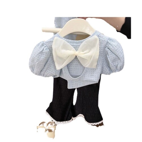 Girls' Short Sleeve T-Shirt  New Children's Summer Fashionable Bowknot Backless Underwear Fashion Bell Bottom Pants 