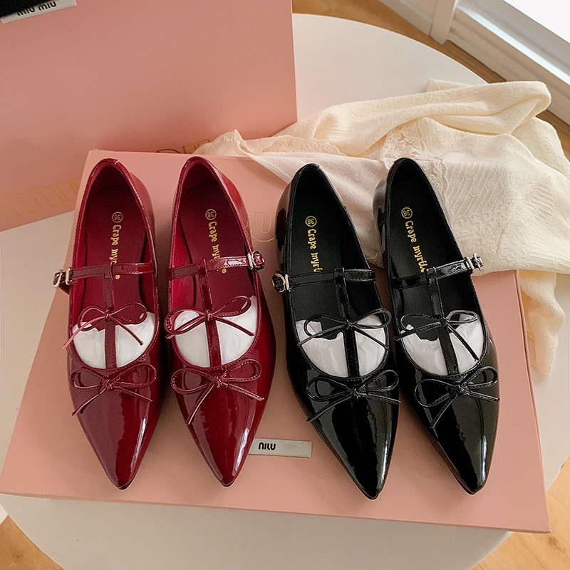 Zapatos Mary Jane planos de punta fina con doble lazo para mujer, ideales para fiestas, al mismo estilo para una noche elegante.