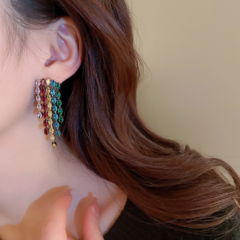 Fashion Tassel Copper Inlaid Zircon Drop Earrings 1 Pair