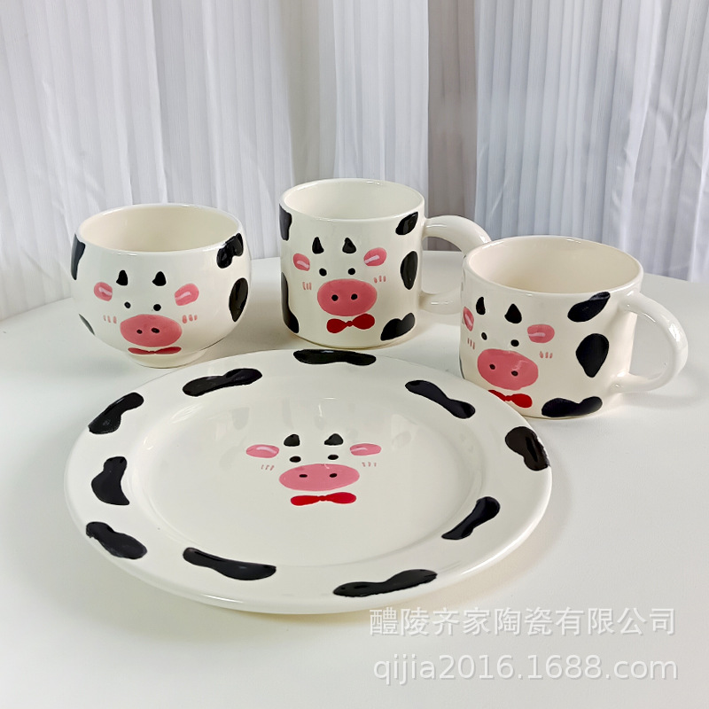 창조적 인 귀여운 손으로 그린 소 머그잔 만화 세라믹 커피 컵 어린이 아침 식사 접시 선물 컵 식기