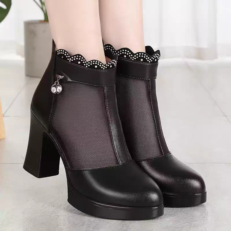 Boot nữ da thật cổ thấp gót vuông 5 cm mũi hở lưới thoáng khí — Đen/mũi hở