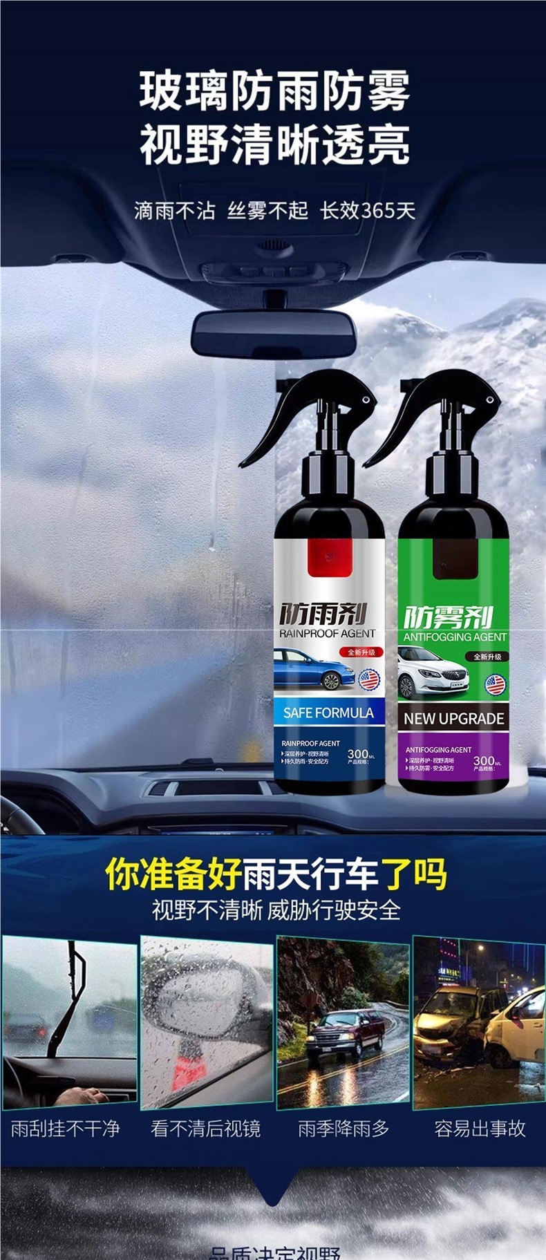Anti-fog agent for winter car windshields and windows, long-lasting anti-fog spray for car interiors and rearview mirrors, rainproof spray