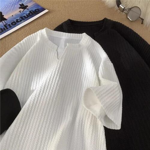 White V-neck Short-sleeve T-shirt for Men, Summer Texture Loose Half-sleeve T-shirt, American Trend Brand Heavyweight Youth Top