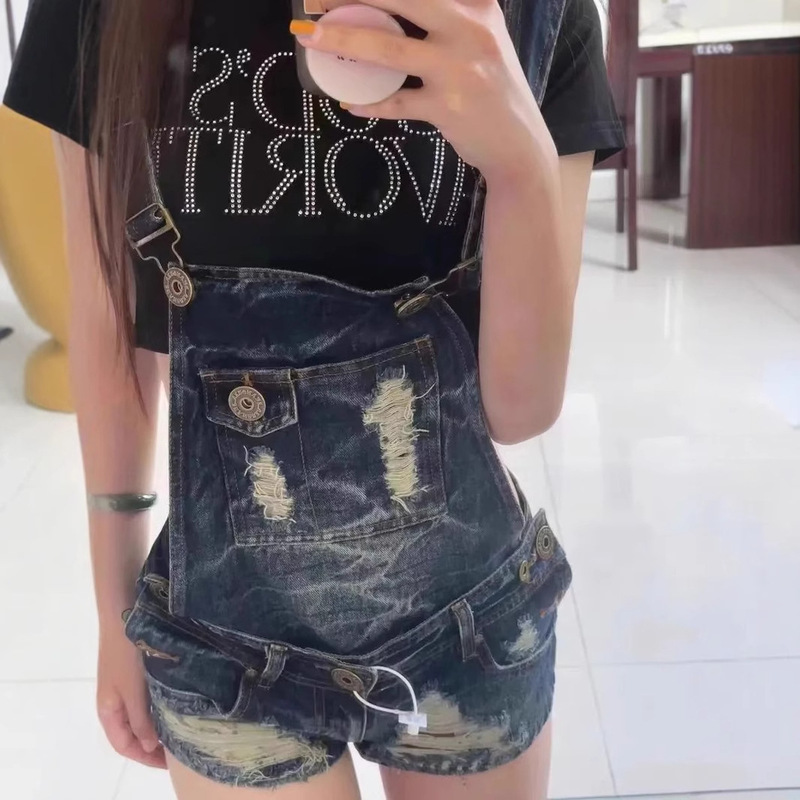 Y2K Millennial Hot Girl Niche Vintage Distressed Frayed Denim Overalls Women's Summer Low Waist Hip Slimming Shorts