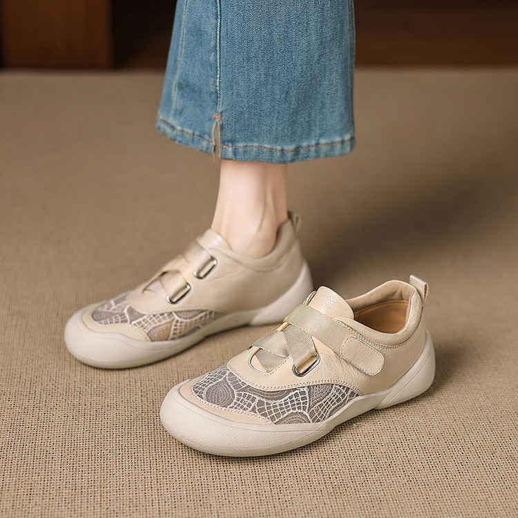 Giày sneaker nữ phối màu da thật lỗ thoáng khí đế bệt buộc dây kết hợp miếng dán — màu trắng ngà chi tiết 48