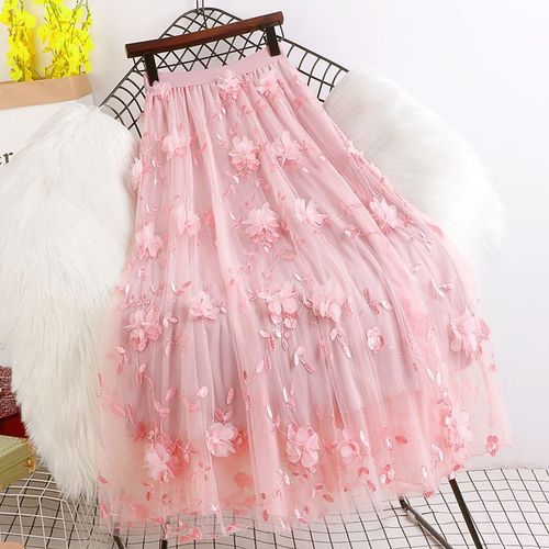 The Thirteen Lines Spring and Autumn 3D Embroidered Flower Long Hem Half Body Skirt for Women High-Waist Slimming Net Dress with Large Flounce