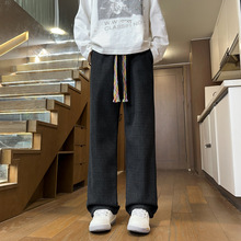 彩色编织绳小香风白色格子裤子男秋季美式直筒阔腿卫裤休闲运动裤