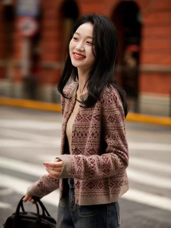 哥家商场同款女装2025秋季复古提花开衫长袖针织衫打底上衣|undefined