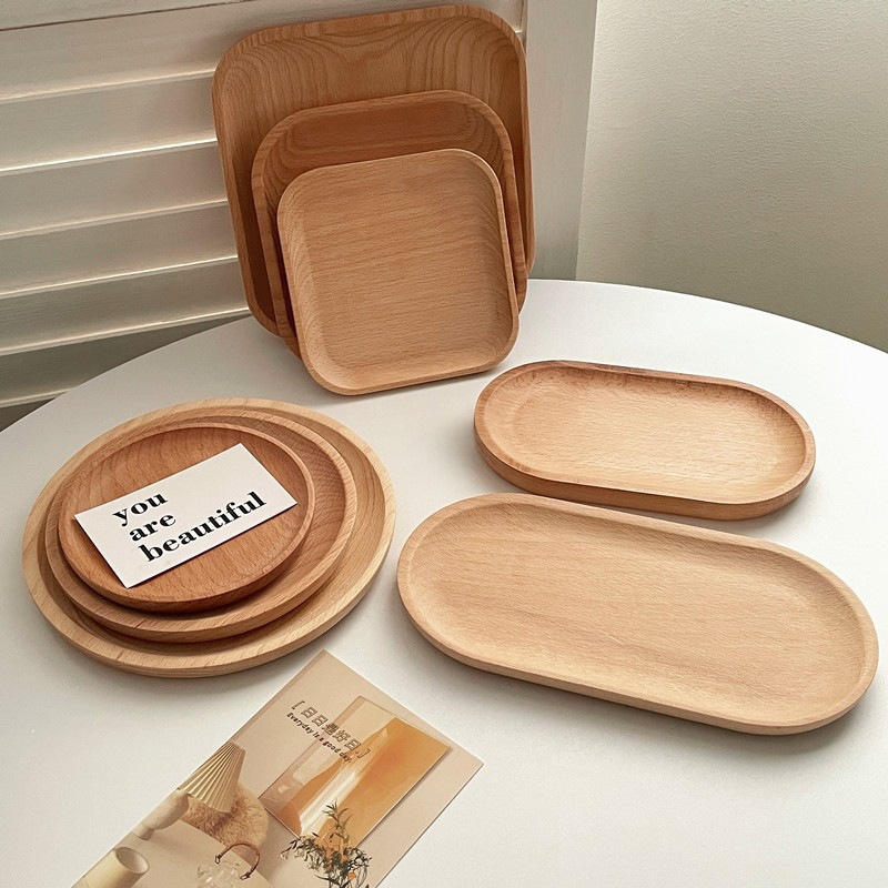 Wooden Tray Round Wooden Tray Japanese-Style Oval Beech Small Wooden Plate Milk Snack Plate Display Plate
