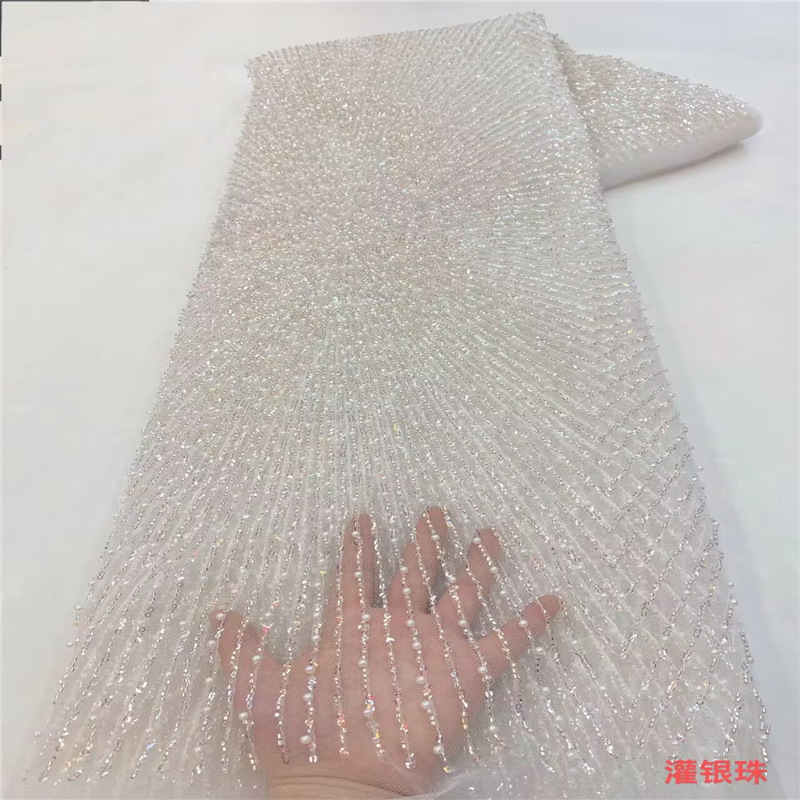 Francés simple rayas con cuentas de malla de tela de encaje nuevo diseño tubo de cuentas de tul vestido de novia moda tela JX3721 image 16