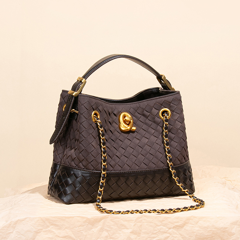 Retro Luxury Woven Bag Contrast Suede Tote Bag For Women 2025 New Bucket Bag Crossbody Chain Bag - Thumbnail 4