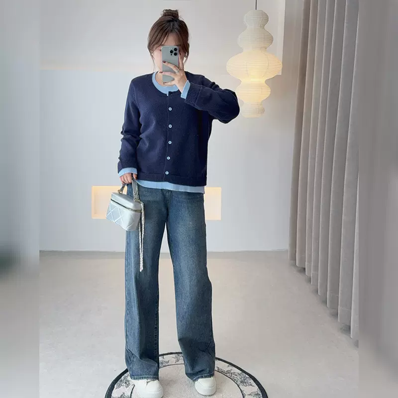 双天2025大码女装毛衣女秋冬高级感休闲撞色圆领假两件针织衫F630