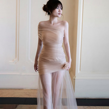 XY25051网纱花朵斜肩连衣裙女 纯欲风夏季沙滩度假包臀短裙连衣裙