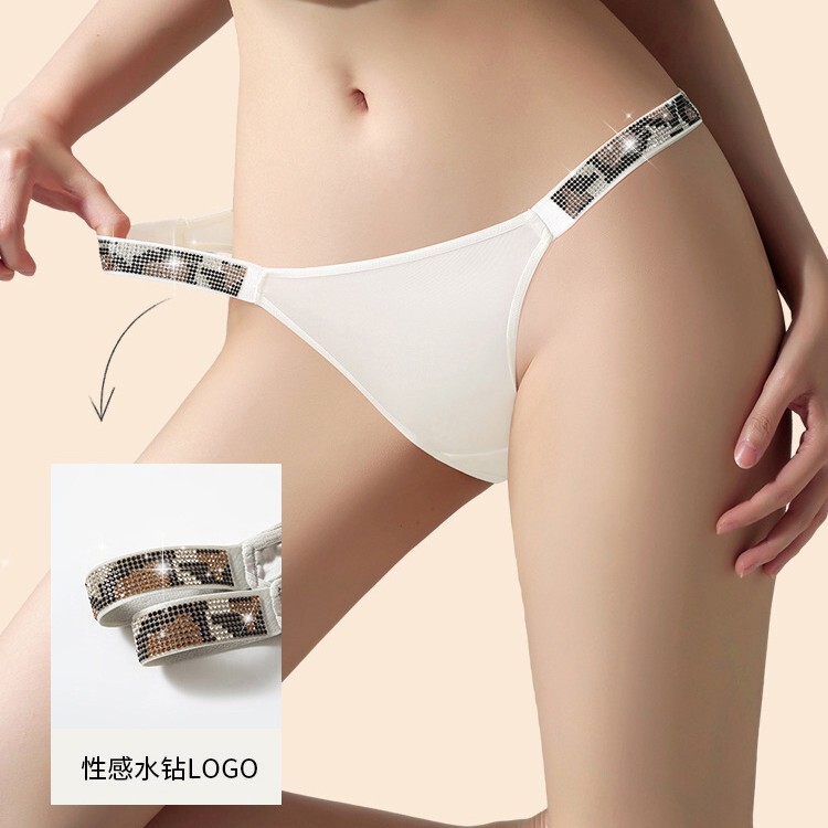European and American Satin Fashion Women's Panties with Rhinestone Waistband, Breathable Cotton Crotch, High Slit, Low Waist T-Back Thong for Women