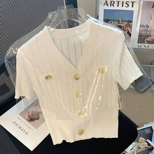 小清新v领金属扣针织开衫女夏季2025新款减龄显瘦修身上衣外套潮