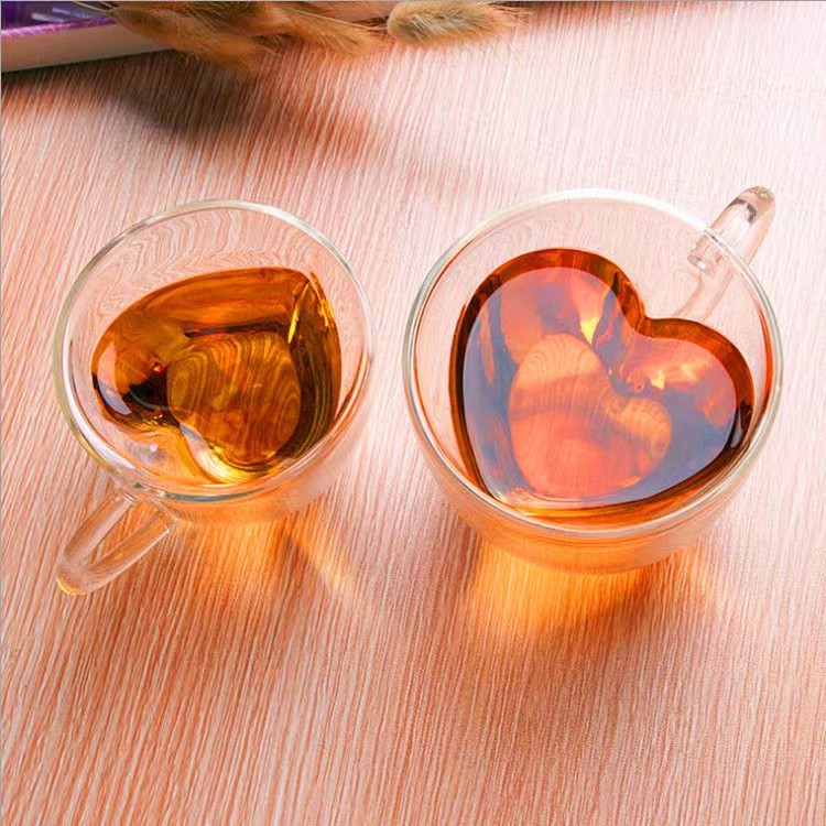 Taza de doble capa en forma de corazón con mango anti-escaldado taza de bebida doméstica taza de agua taza de vidrio regalo amor taza de café