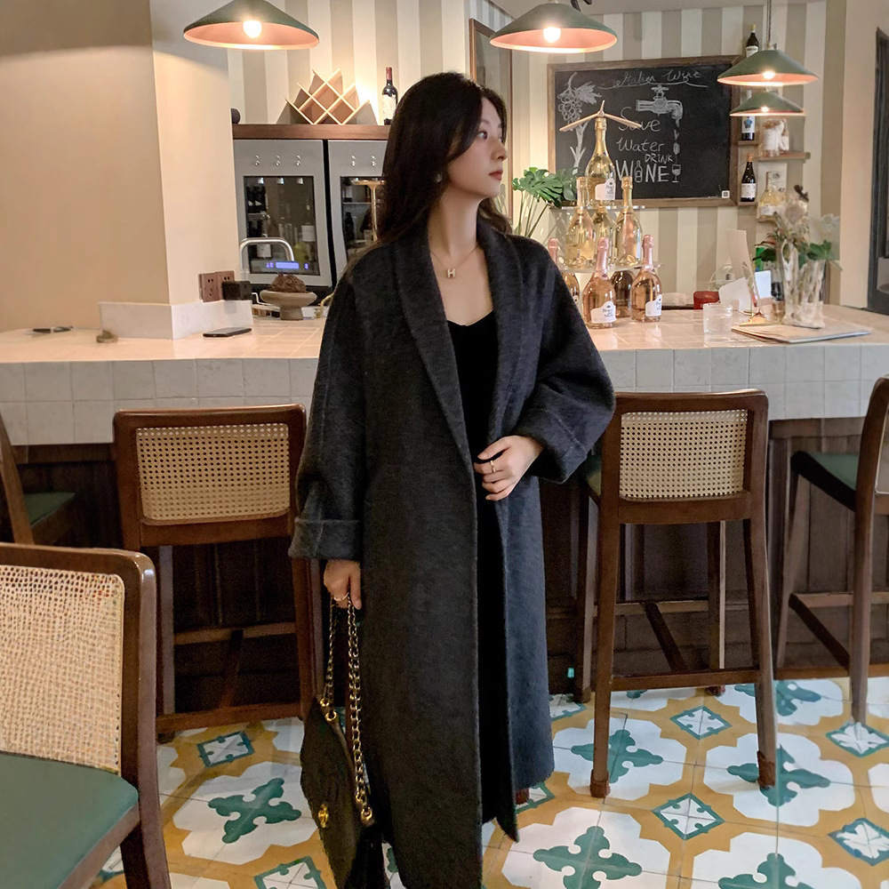 Fall/winter 2024 brown camel velvet lapel double-sided tweed coat loose lazy cocoon wool cashmere coat women