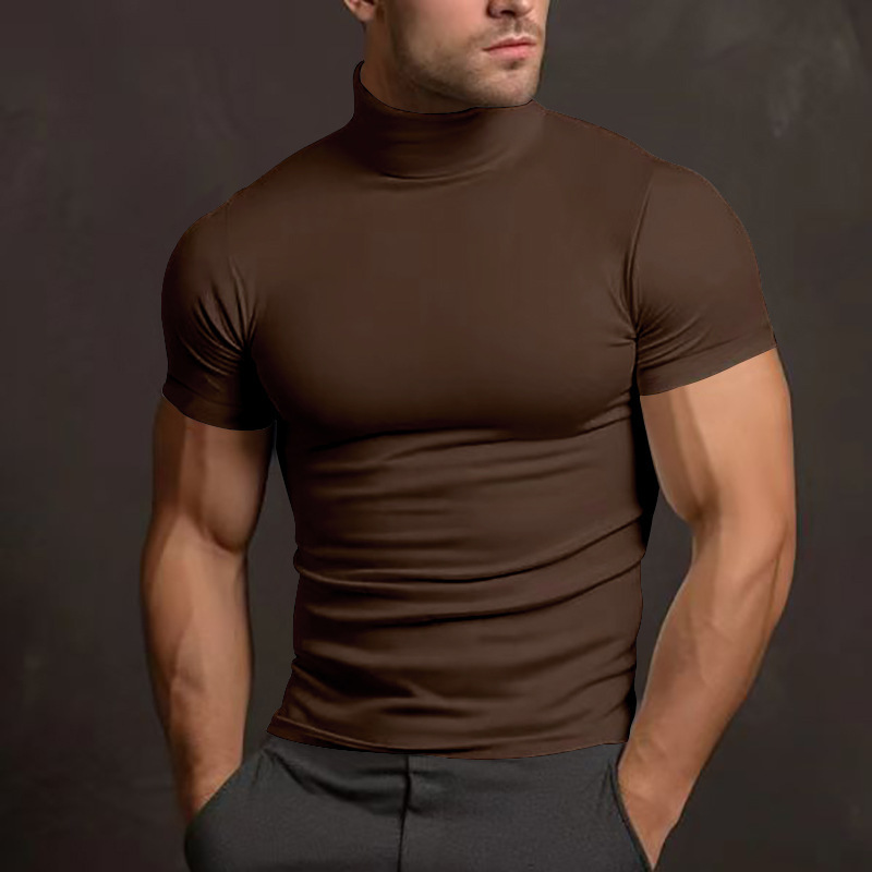 Men's High-Neck Solid Color Short-Sleeve T-Shirt, Cool, Quick-Drying, Tight-Fitting, Breathable Base Layer Shirt, Casual Sports Fitness Wear