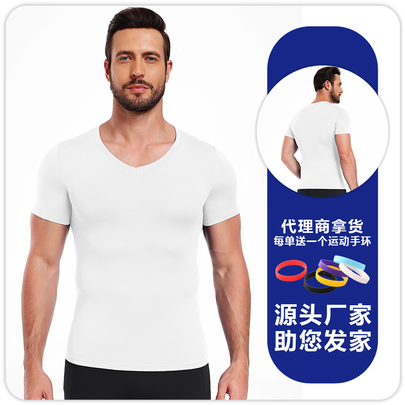 Hombres camiseta de cuello en V ajustado de color sólido de alto elástico camiseta deportiva de base rápida secado transpirable acondicionamiento físico correr baloncesto mangas cortas