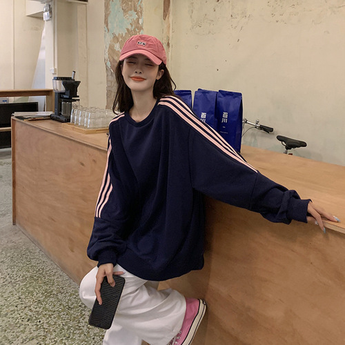 Three Stripes Hoodie for Women 2024 Spring and Autumn Couple's Fashion Ins Loose Korean Style Round Neck Mid-Length Top for Women Wholesale