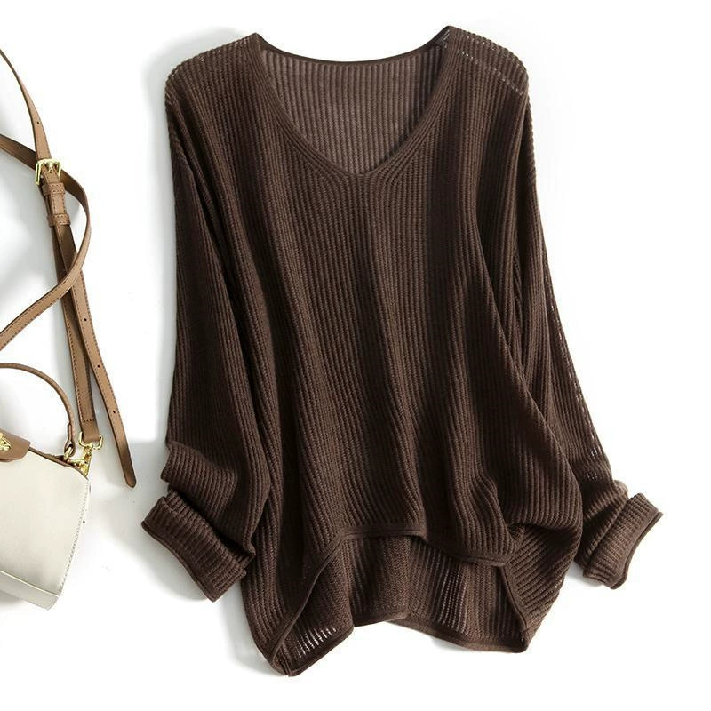 Extra Large Size 150kg Fat MM Lazy Versatile Loose Slimming Look V Neck Autumn and Winter Long-sleeved Knitted Sweater Bottoming Shirt for Women