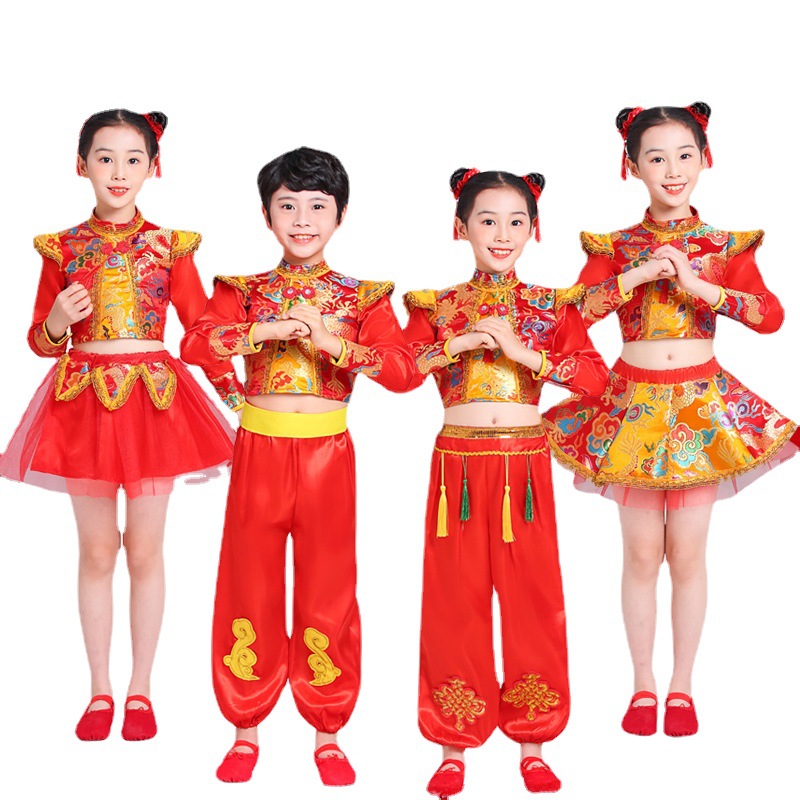 新款儿童腰鼓舞蹈表演服喜庆中国结秧歌服打鼓服开门红舞蹈表演服