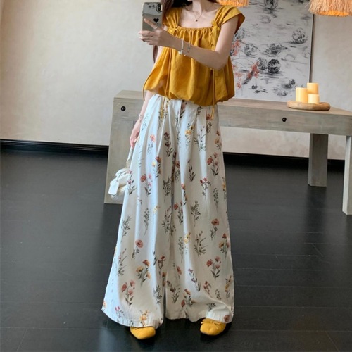 French-style collar tie front floral women's blouse 2025 summer new fashion set trendy floral print wide-leg pants