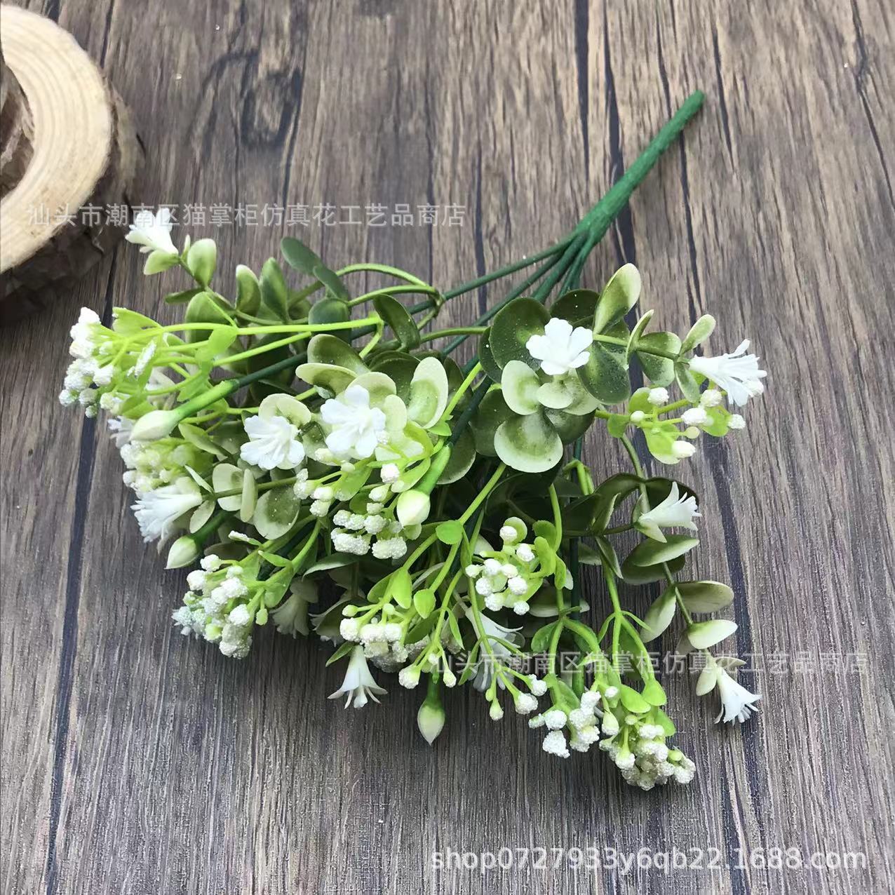 Decoración de flores artificiales de tres puntas, violeta eucalipto, hogar de bodas, 6 flores falsas, ramos de mano, accesorios de tiro