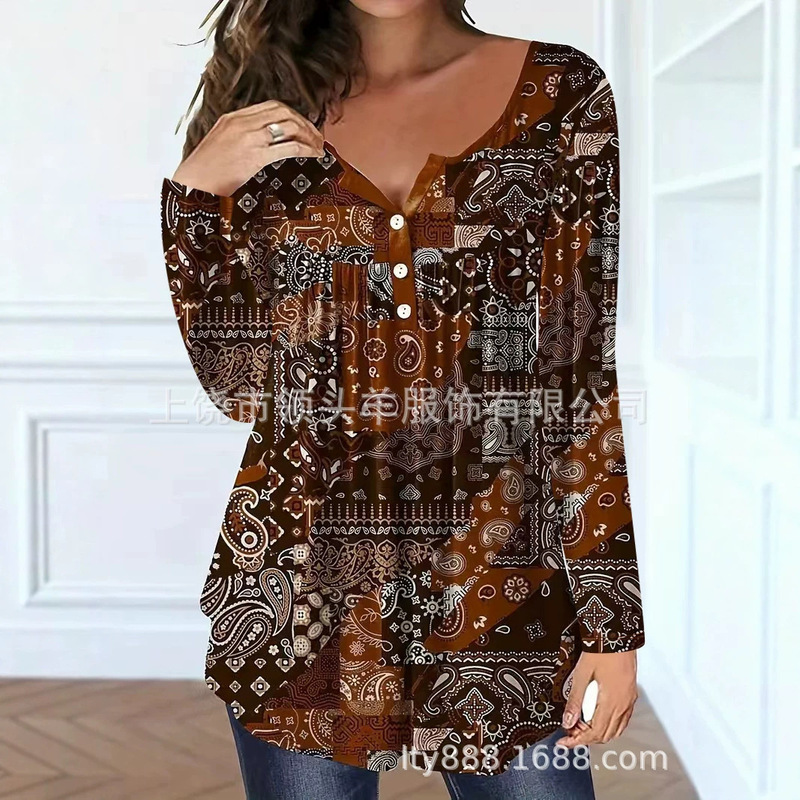 Cross-Border Women's Brown Paisley Print Long-Sleeve Top V-Neck Button-Up Casual T-Shirt Wholesale Cross-Border Women's Brown Paisley Print Long-Sleeve Top V-Neck Button-Up Casual T-Shirt Wholesale