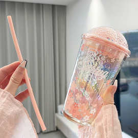 网红樱花星空盖吸管杯高颜值玻璃水杯夏季玻璃杯女带刻度伴手礼