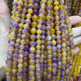 紫黄飘花玉髓diy圆珠子散珠手工串珠优化天然石饰品配件工厂直销
