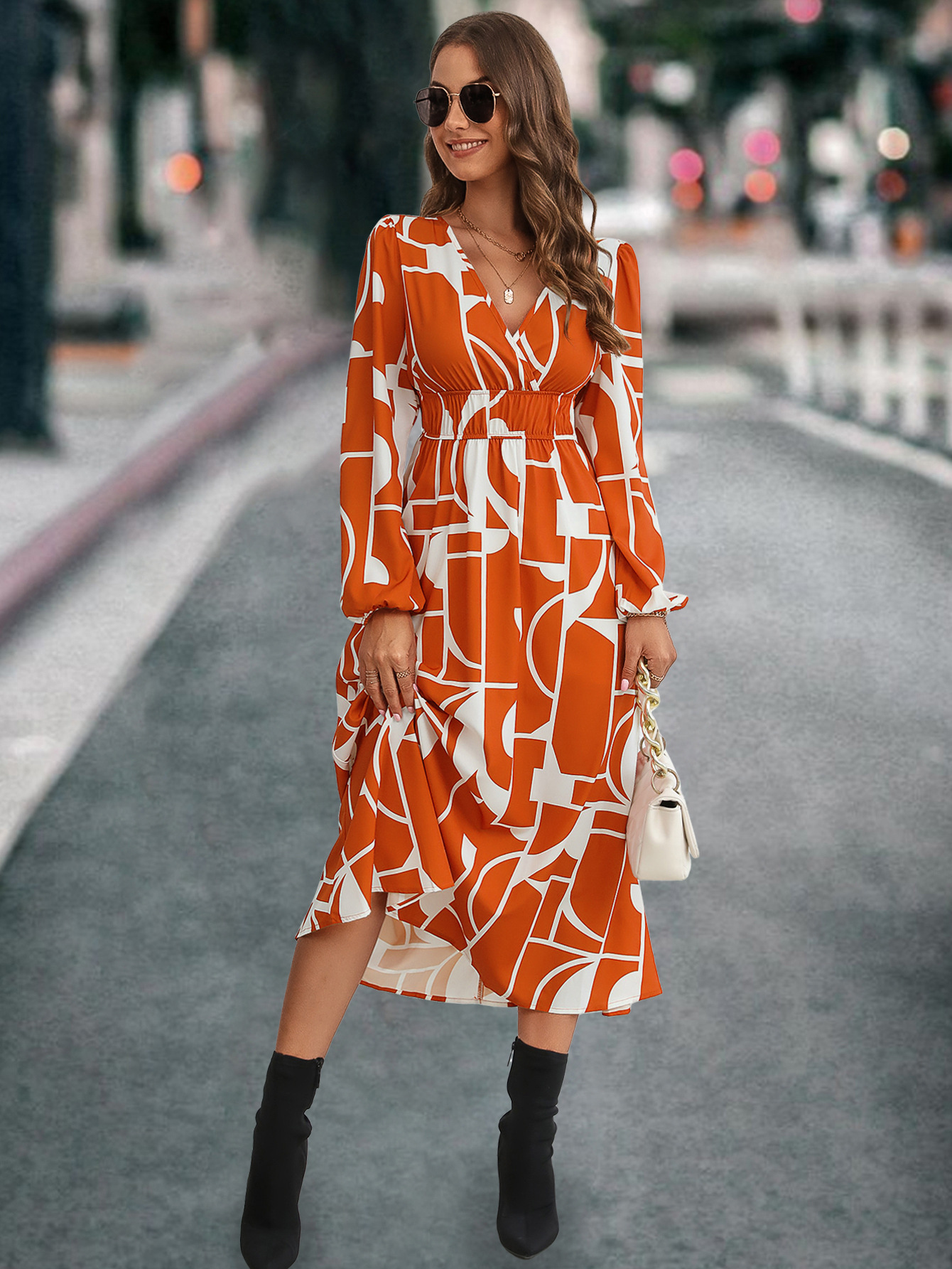 Robe imprimée à manches longues et col en V pour femmes, la plus vendue_voghion.com