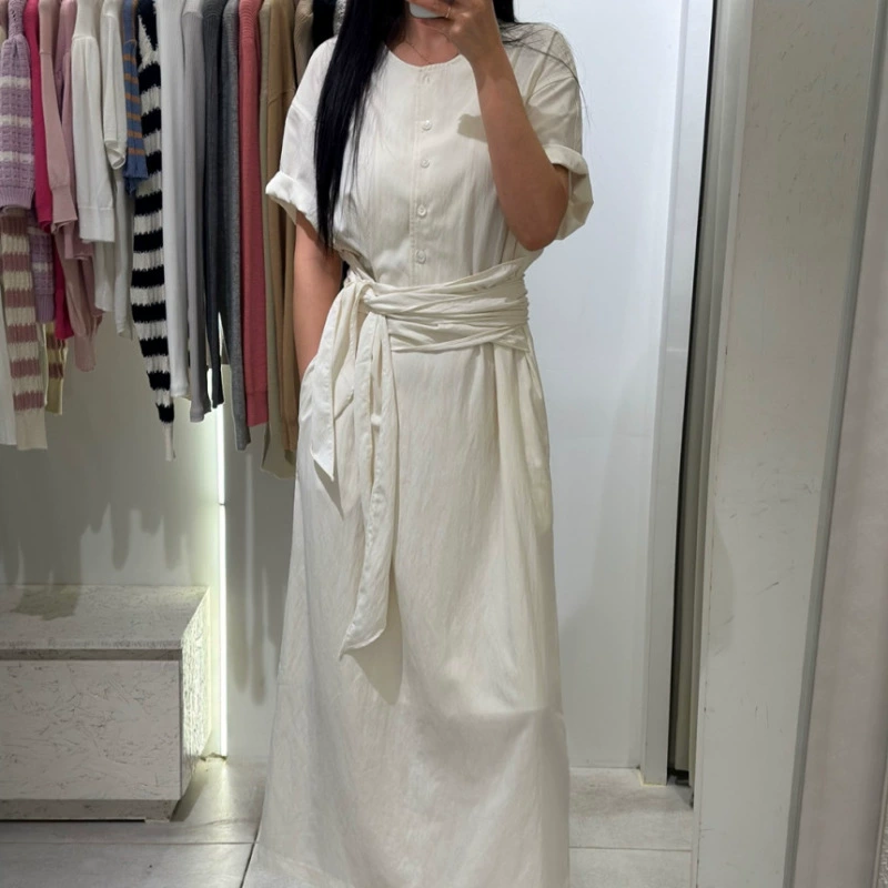 В наличии Корея Французское ретро литературное свежее стильное ультрадлинное платье средней длины с короткими рукавами и завязкой на талии для похудения
