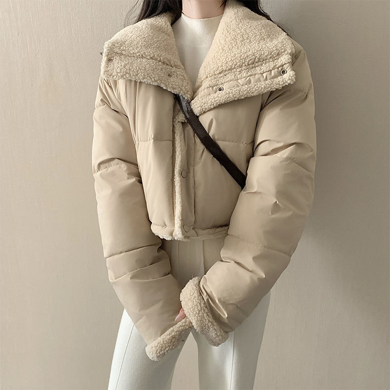 Short Outwear for Women, Korean Style Lapel Imitation Lamb Wool Cotton Outwear, Loose Double-Sided Long-Sleeved Bread Outwear, Winter Cotton Outwear Short Outwear for Women, Korean Style Lapel Imitation Lamb Wool Cotton Outwear, Loose Double-Sided Long-Sleeved Bread Outwear, Winter Cotton Outwear
