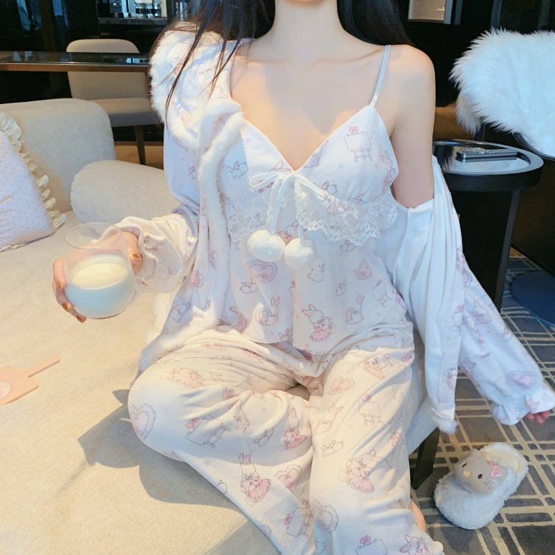 Island Velvet Cute Pajamas Women's 2025 New Home Clothes Three-Piece Set Double-Sided Velvet Warm Autumn Breast Pad Winter Pajamas