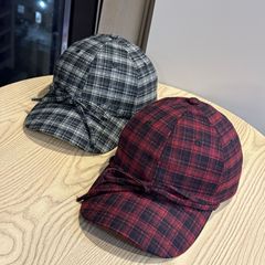 新款秋冬百搭条纹格子软顶毛呢棒球帽子女可爱蝴蝶结系绳鸭舌帽潮