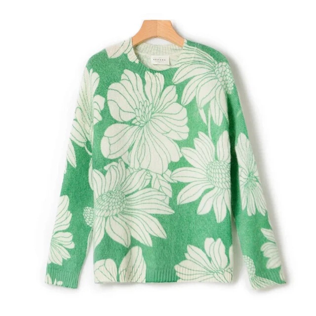 Sezane Two-Color Flower High Count Sunflower Print Mohair Knitted Sweater New Short-Sleeved Summer