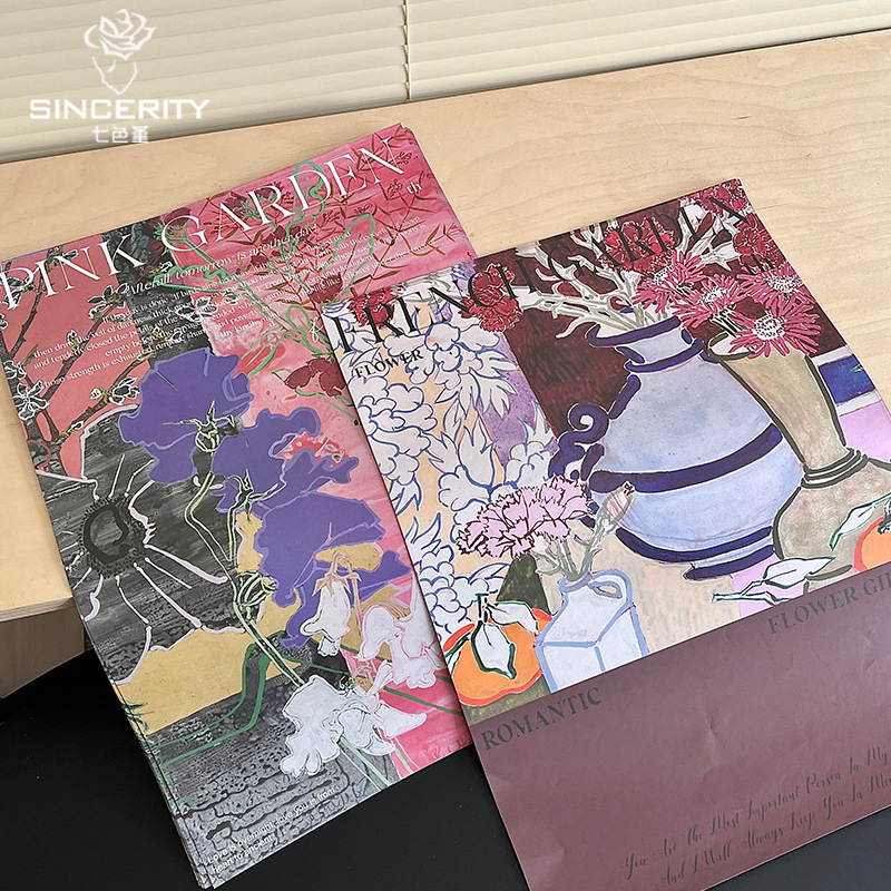 Papel de embalaje de estilo de pintura al óleo de nuevo estilo de pensamiento de siete colores, nuevo arte de floristería, cojín de flores frescas, material de papel de embalaje de bricolaje
