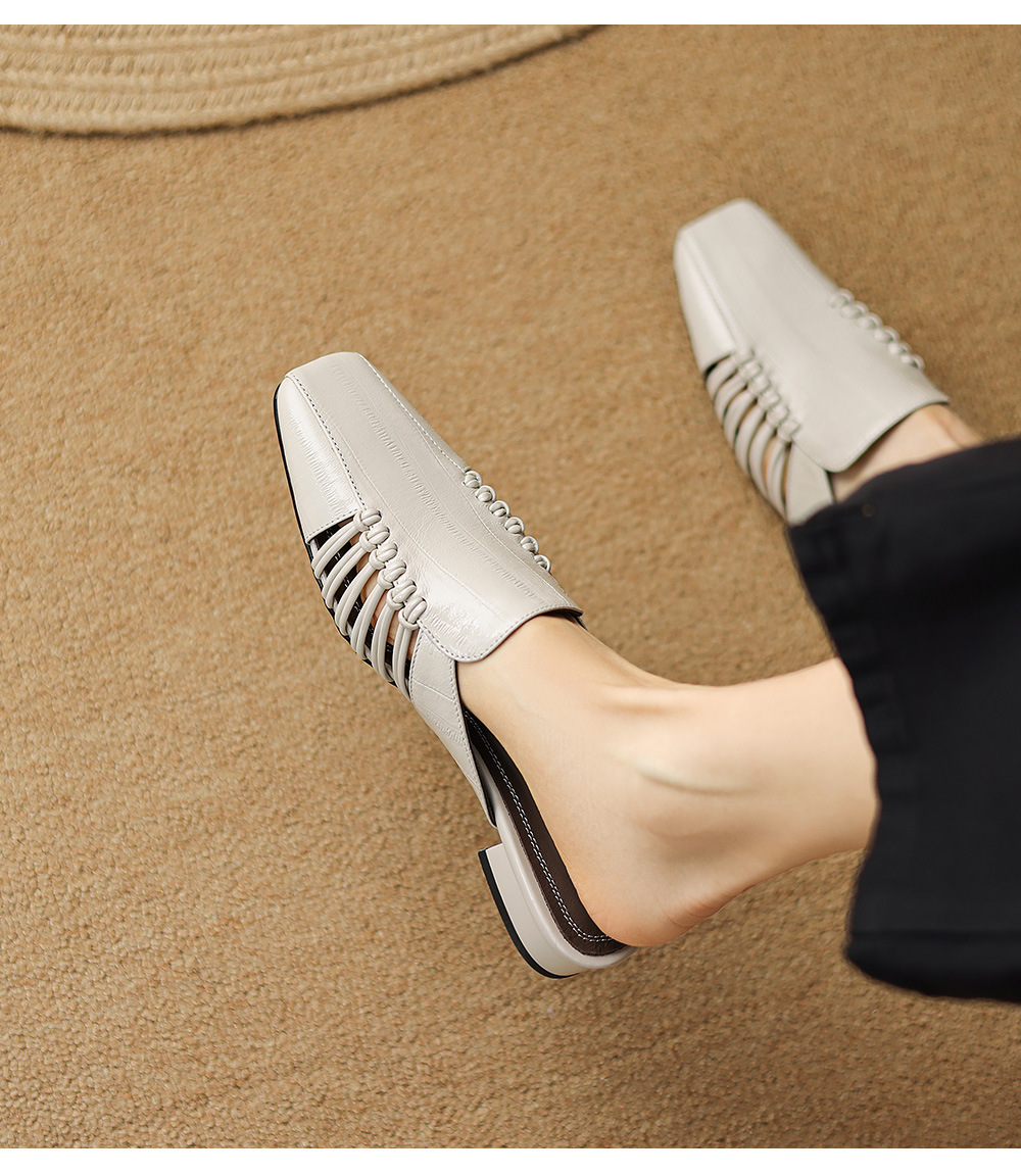 Dép sandal nữ quai chữ V bệt mũi tròn phong cách vintage — đen chi tiết 17