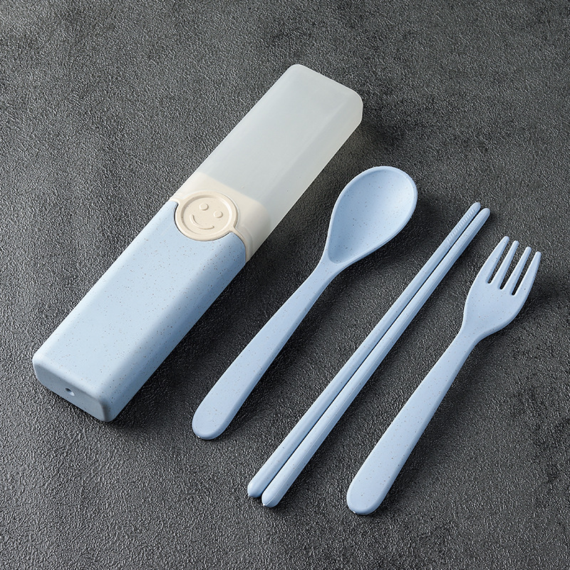 Cuchillo portátil, tenedor y cuchara conjunto de tres piezas de trigo estudiante de viaje palillos, tenedor y cuchara trabajo en caja Smiley vajilla traje logo