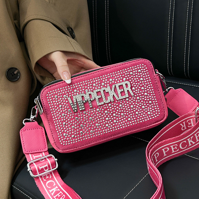Bolso bandolera ancho Bolso cuadrado pequeño de diamantes de imitación de estilo explosivo popular Mujer 2025 Bolso de cámara de moda de nuevo estilo transfronterizo