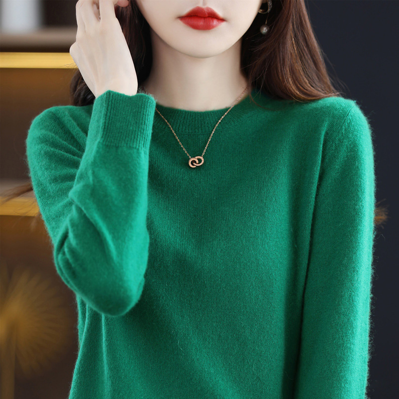 Otoño e Invierno 100% suéter de lana pura de las mujeres de cuello redondo Jersey corto de lana de manga larga suéter recto suéter a juego ropa exterior