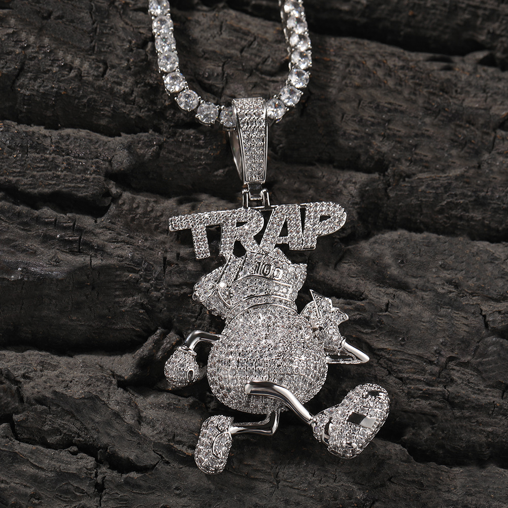1Pc Hip Hop Fashion Running TRAP Gold Silver + 3mm24inch Twist Chain Full Diamond Cartoon Pendant Fashion Necklace_voghion.com