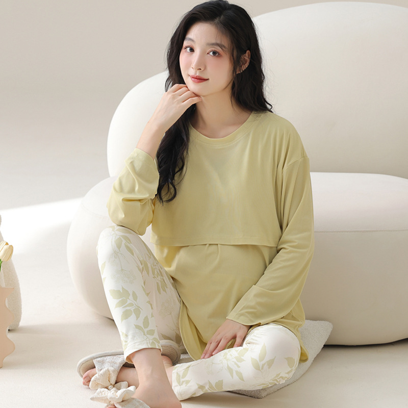 가슴 패드가 달린 산후복, 새로운 가을 겨울 긴팔 바지, 산모 잠옷, 산후 모유 수유 가정복, 라운드 넥