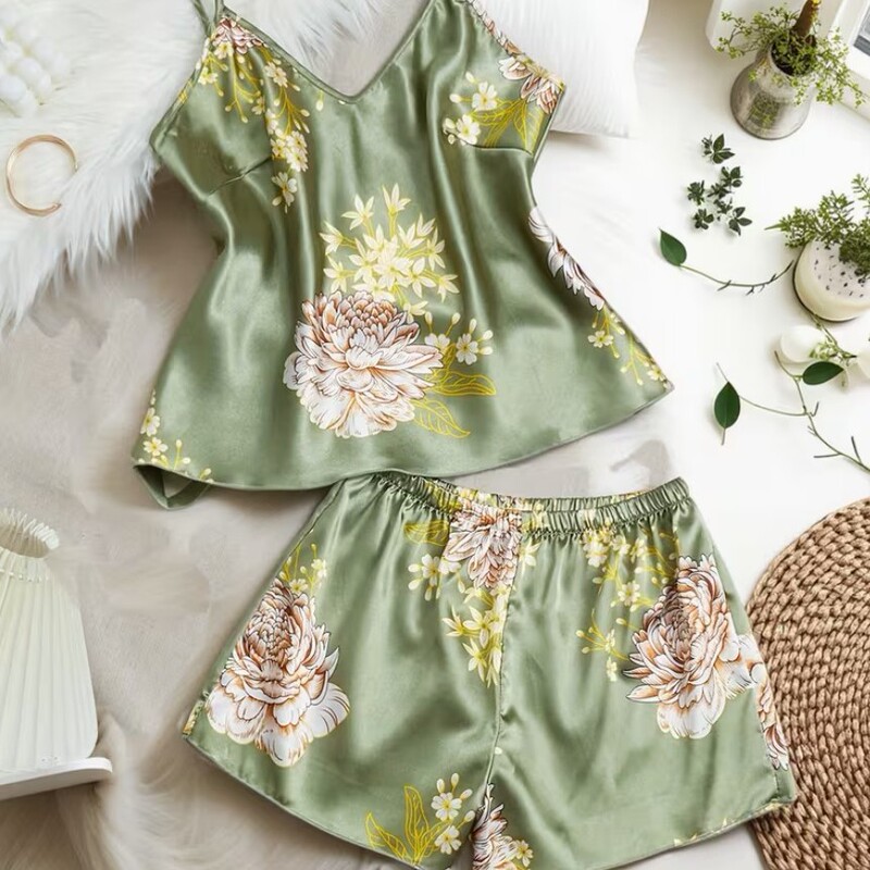 Cross-Border Temu European and American Pajamas Set Women's Satin Camisole Shorts Two-Piece Set Women's Summer Shorts Thin Section