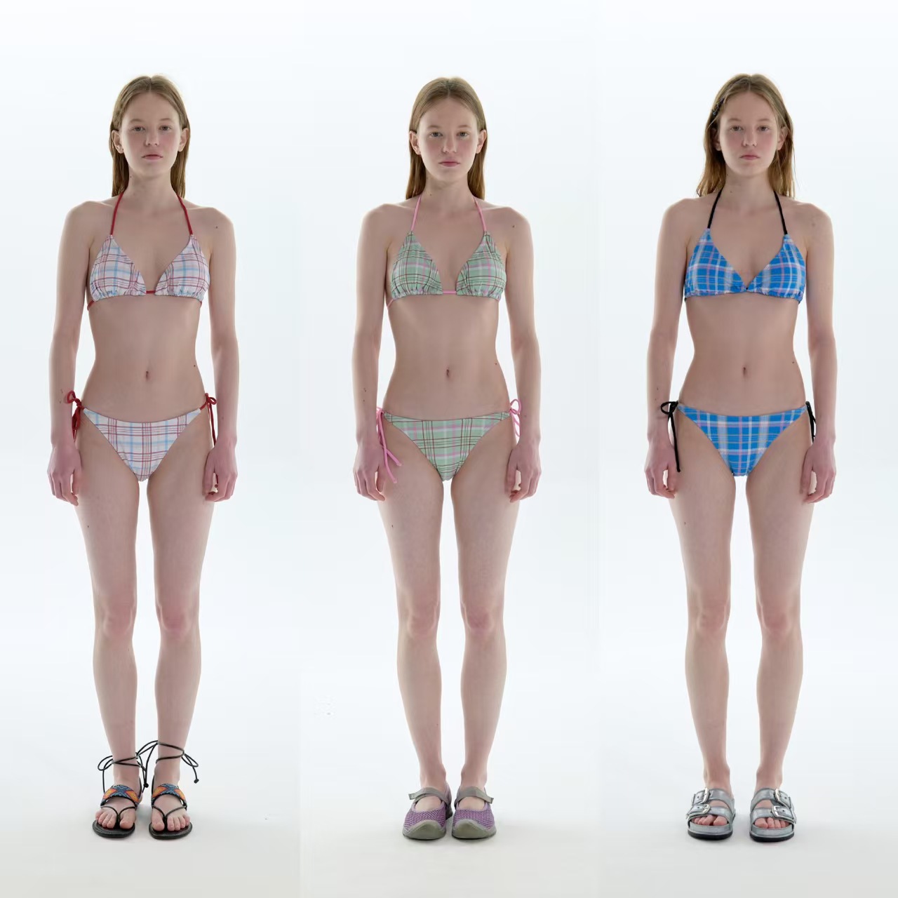 Swimsuit for Women, Retro Plaid, Sweet and Spicy Split Small Breast Triangle Bikini, Three-Point Sexy Pure Lust Resort Style Swimsuit