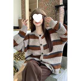 日系复古撞色条纹毛衣外套女2023秋冬新款宽松慵懒风显瘦针织开衫