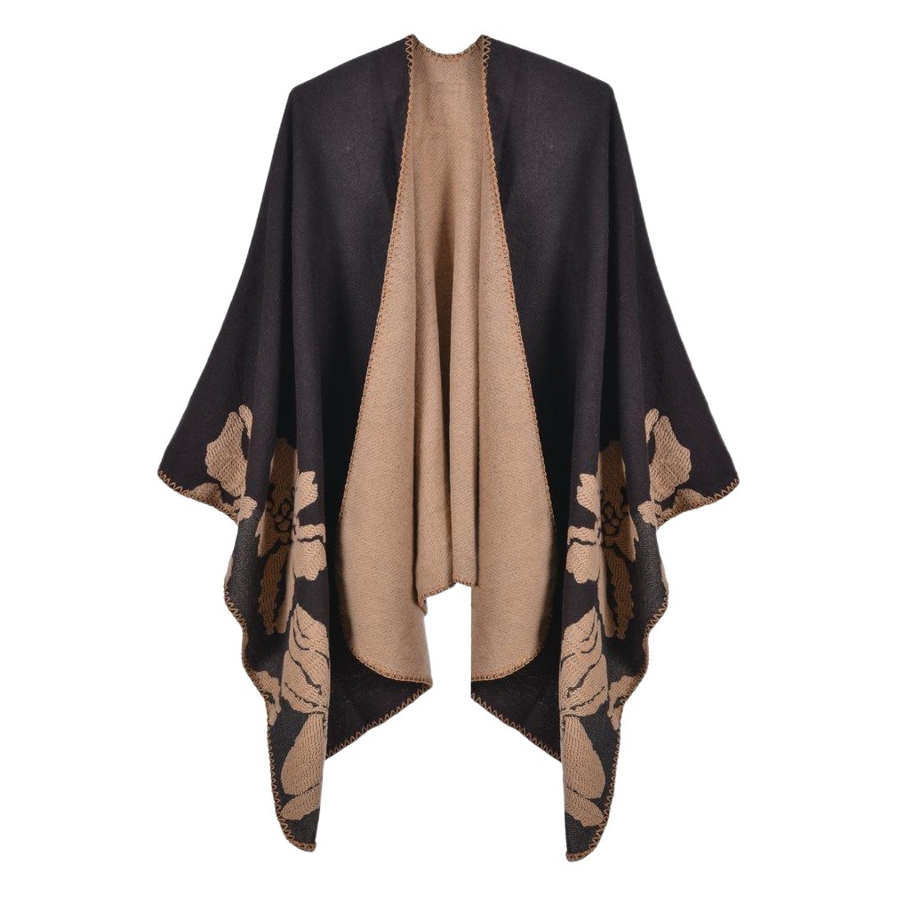 New European and American Fashion Thickened Large Shawl Women's Vintage Large Flower Double-Sided Cashmere Multi-Function Cloak
